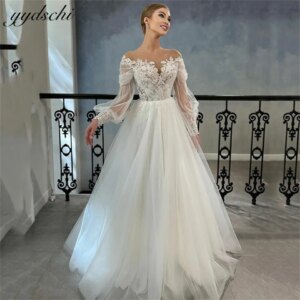 Customized Elegant Tulle Appliques Illusion Full Sleeves A-line Wedding Dresses For Women 2025 Bridal Gowns Vestidos De Novia