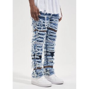 High Street Designer Wear Retro Big Damage Knife Cut Contrast Color Distressed Fashion Beggar Style Stretch Jeans