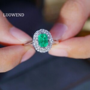 LUOWEND 100% 18K White Gold Rings Luxury Elegant Style Shiny Diamond Natural Emerald Ring for Women High Party Jewelry