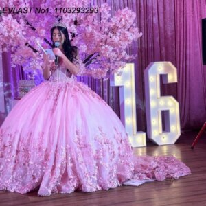 EVLAST Customized Glitter Pink Quinceanera Dress Ball Gown Floral Applique Beading Corset Sweet 16 Vestido De 15 Anos E1Q424
