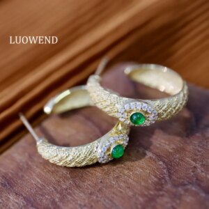 LUOWEND 18K Yellow Gold Earrings Vintage Palace Style Natural Diamond Natural Emerald Earrings&Ring High Women’s Jewelry Set