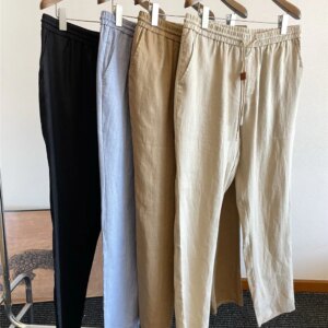Men’s Spring Summer New Business Simple Breathable All-match Casual Pants Drawstring Straight Linen Trousers