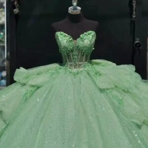 Customized Shiny Sage Green Quinceanera Dresses Lace-Up Big Bow Tiered Off Shoulder Ball Gown Tiered Corset vestido de princes