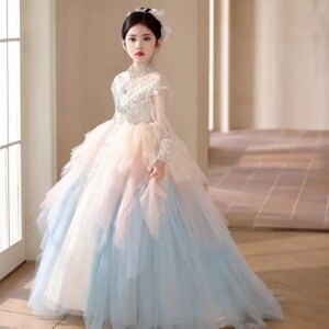 Jill Wish Luxury Dubai Flower Girl Dress Beaded Pearls Arabic Princess Kids Wedding Birthday Party Long Ball Gown 2024 J385