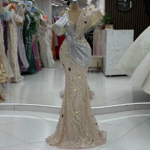 Luxury Champagne V-neck Mermaid Evening Dress Crystal Beaded Tassel Wedding Party Dress Sleeveless Prom Dress Customized 2025