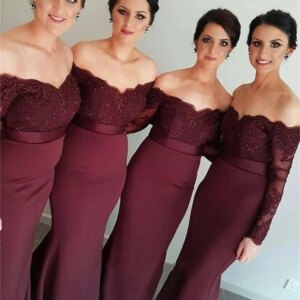 Wedding Women Prom Dresses Off-Shoulder Boat Neck Long Sleeves Lace Appliques Mermaid Satin Bridesmaid Dress Evening Dress
