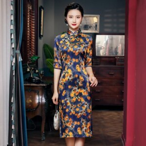 Spring New High Quality Real Silk Middle-Sleeve Floral-Print plus Size Cheongsam Qipao Women’s Dress