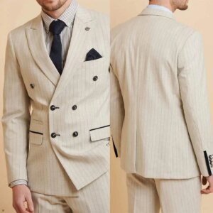 Pinstriped Men Wedding Suits Peaked Lapel Double Breasted Tuxedos For Groom 2 Pcs Blazer Pants For Party Business Custom Made