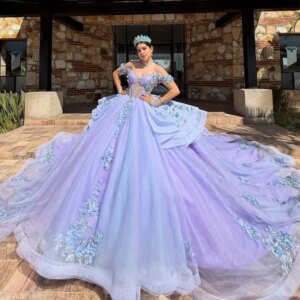 Lavender Sky Blue Princess Quinceanera Dresses Off Shoulder Applique Flower Beads Tull Corset Sweet 16 Dress Ball Gown Vestidos
