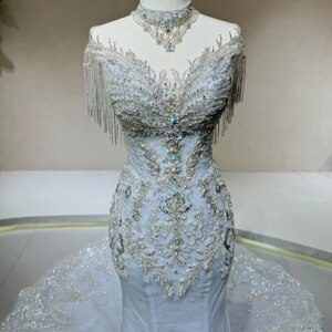 Customized Luxury Wedding Dresses Mermaid Sexy Women’S For Bridal O-Neck Pleat Organza Tassel Formal Dw0024