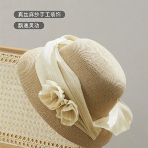 Summer hat basin Fisherman Woman elegant vintage handmade flowers silk hemp face small shade vacation