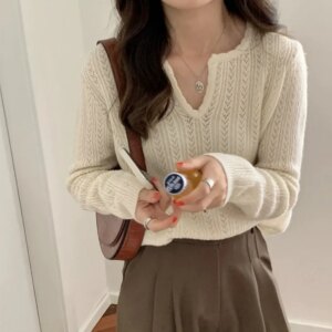 Lace Hollow Out 100% Cashmere Women’s Semi-Open Collar Design Sense Thin Knitted Under-Shirt Korean Version Inner Wool Swe