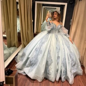 Customized sky blue Off Shoulder Quinceanera Dress sequin applique Beads crystal Long tail vestidos de 15 Quinceanera