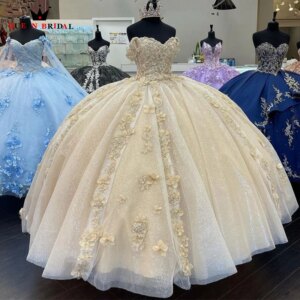 Exquisite Champagne Quinceanera Dresses Lace-Up Back V-Neck Off the Shoulder Floral vestido de quinceañera 2023 Custom Made LJ09