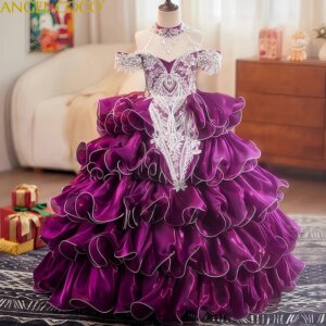 Cute Purple Beauty Contest Tiered Tulle Flower Girl Dresses Luxury Kids Birthday Party Prom Gowns for Children Evening Dress