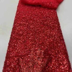 2025 Red High Quality 3D African Net Lace Fabric Sequin Mesh Luxury Heavy bead Embroidered Tulle Fabric for Sewing Dresses