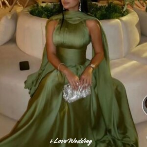 Green Halter Prom Dress 2025 Satin Sleeveless A-Line Pleats Floor-Length Long Scarf Evening Dress Wedding Party Dress Customized