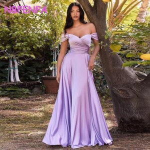 NBFENFA Off The Shoulder Satin Bridesmaid Dresses Long A-Line Corset Formal Prom Dress with Slit Pleats Formal Evening Dresses