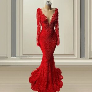 Customized Beautiful Deep V-neck Long Sleeves Mopping Women’s New 2023 New Dresses Blingbling Evening Dresses Lace Appl