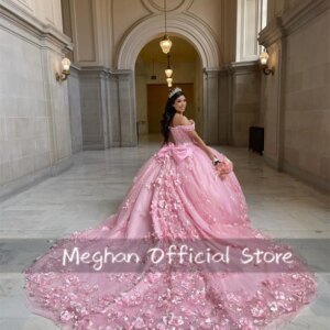 Pink Off Shoulder 3D Flower Quinceanera Dresses Ball Gown Bead Appliques 2025 Birthday Luxury Dress Bow Formal Gown Customized