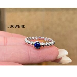 LUOWEND 100% 18K White Gold Rings Fashion INS Style Real Natural Sapphire Engagement Ring for Women High Wedding Jewelry