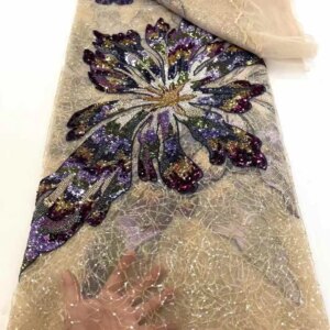 Wholesale African Beaded Lace Fabric French Bridal Sequins Lace Fabric 2025 Luxury Nigerian Tulle Lace Fabric Couture Materiel