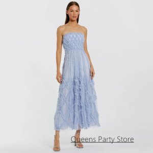 Light Blue Cocktail Party Dresses Customized Strapless Sleeveless Ruched Tea Length A Line Tulle Dancing Evening Dress