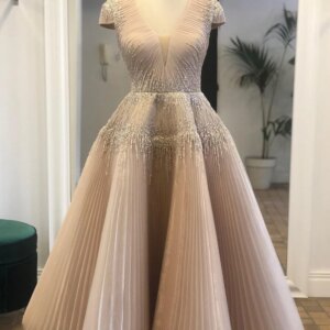 Luxury Beading Tulle Evening Dresses Shiny Sequin Pleat A Line Draped Short Sleeve Formal Party Prom Gowns Vestido Customized