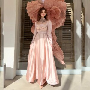 Customized Saudi Arabia Evening Satin Applique Sequined Draped Graduation A-line High Collar Bespoke Occasion Gown Long Dresses