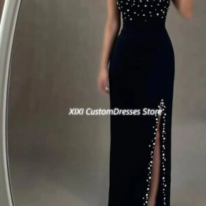 Customized فساتين سهرة Black Strapless A-Line Split Floor-Length Beadings Dresses For Women Zipper Up Lining Wedding Party Dress