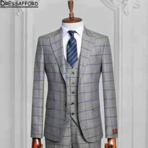 Gray Lattice Groom Wear Formal Men Suits 3 Piece Jacket Vest And Pants Sets Smart Casual Business Blazer