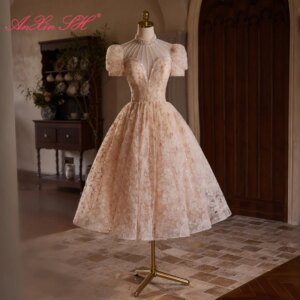 AnXin SH vintage princess champagne flower lace o neck beading crystal short sleeve illusion lace up customized evening dress