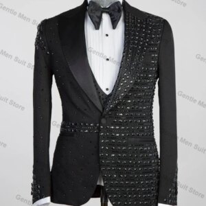 Groom Men Suit Pant Set 2 Piece Beaded Blazer+Trouser Wedding Tuxedo Prom Coat Customized Formal Office Jacket One Button Outfit