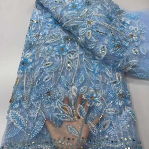 2025 New African French Nigerian High End Lace Fabric With Beads Sequins Mesh for Embroidery Wedding Party Bride Sewing Dress