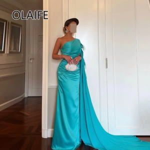 Graceful One Shoulder Satin Arab Dres with Feathers Sheath Floor-Length Backelss Evening Gown فساتين سهرة Customized