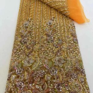 2025 Luxury High Quality Nigerian Lace Fabric African Beaded Sequins Tulle Lace Fabric Luxury Elegant Wedding Clothes 5 Yards