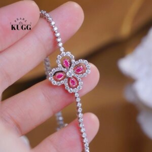 KUGG 100% 18K White Gold Bracelet Romantic Leaf Design Real Natural White&Pink Diamond Bracelet for Women High Party Jewelry