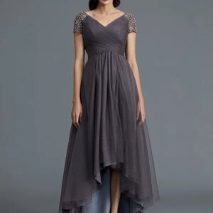 High Low Mother Of The Bride Dresses A-line Short Sleeves Tulle Bead Plus Size Long Groom Mother Dresses For Wedding Customized