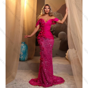 Pink Off Shoulder Evening Dresses Sequins Customized Princess Formal Party Gowns Vestidos De Noche