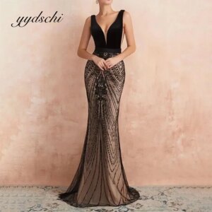 Exquisite Suede Formal Evening Dress Black Sexy Deep V-Neck Floor Length Embroidery Lace Party Backless Prom Dresses for Women