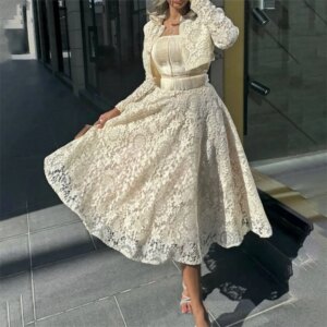 ROYET Lace Applique Elegant Long Sleeve A Line Formal Evening Dress Tea Length Classic Prom Gown For Woman Customized Customized