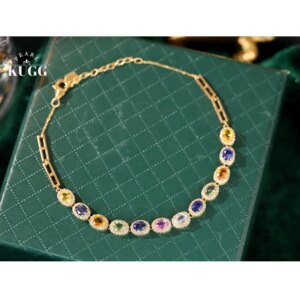 KUGG 18K Yellow Gold Bracelet Romantic Rainbow Design Shiny Diamond Natural Color Gemstone Bracelet for Women Wedding Jewelry