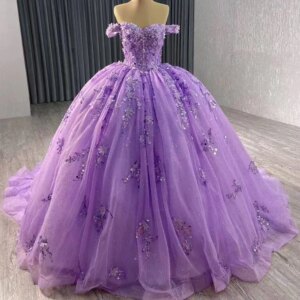 Vestidos De 15 Off Shoulder Sweetheart Appliques Sequined Lace Up Back Purple Luxury Long Dress For Special Occasions