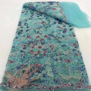 New African Lace Fabric 2024 High Quality Nigerian Sequins Beads Lace Fabric French 5 Yards For Sewing Party Wedding Dresses