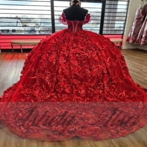 Gorgeous Quality Red Mexican Women Wedding Guest Dress Off Shoulder 3D Flower Ball Gown Prom Birthday Party Vestido Quinceanera
