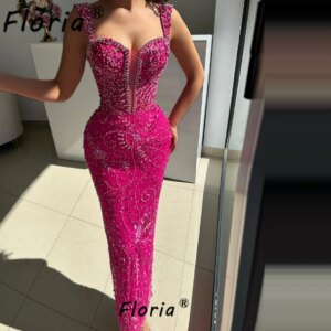 Glamorous Fushia Mermaid Evening Dress Crystal Beads Dubai Wedding Party Gowns Customized Woman Cocktail Prom Robe Soriee 2025