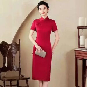 Red High-End Real Silk Cheongsam Qipao Summer Women’s 2024 New Chinese Style Wedding Reception Clothes Dress