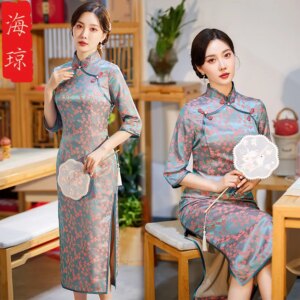 High Quality Improved Real Silk Cheongsam Qipao 2024 New Zipper Jacquard 3/4 Sleeve Vintage Chinese Dress Women’s