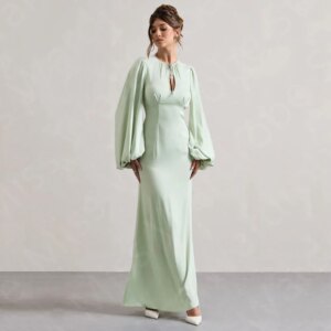 Customized Classic Mint Evening Dresses 2025 Arabic Prom Party Gowns Long Sleeves Wedding Guest Dresses Round Neck Middle East