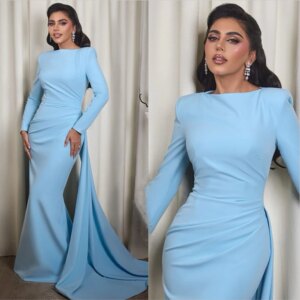 Elegant Satin Mermaid Evening Dresses Arabic Long Sleeves Pleat With Ribbon Formal Party Prom Gowns Vestido De Fiesta Customized
